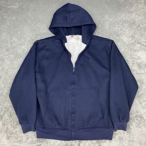 Vintage Athletech Hoodie Mens L Navy Blue Thermal Lined Heavy Blank 90s Full Zip